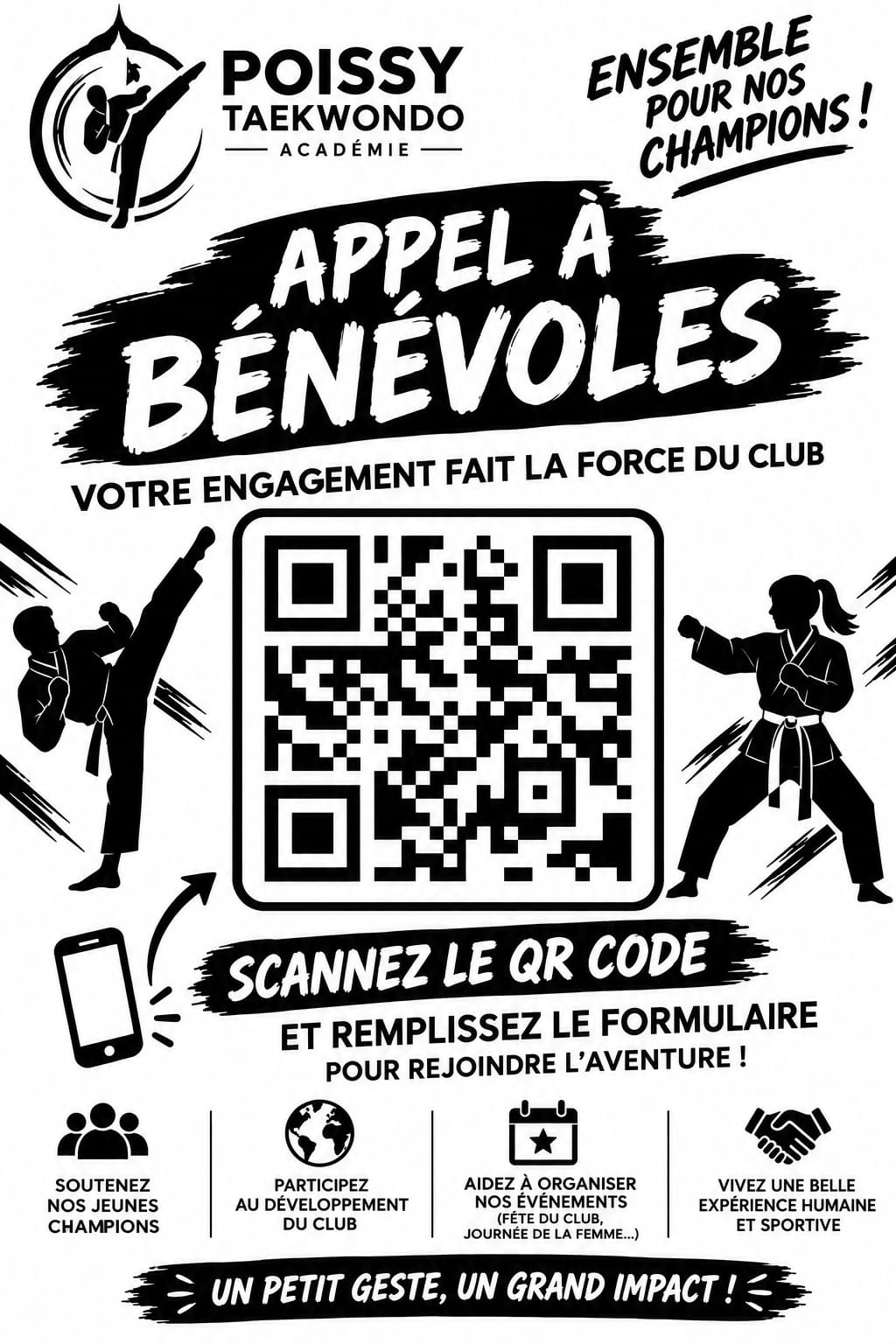 Affiche « Appel à bénévoles » de la Poissy Taekwondo Académie : scannez le QR code et remplissez le formulaire pour rejoindre l'aventure
