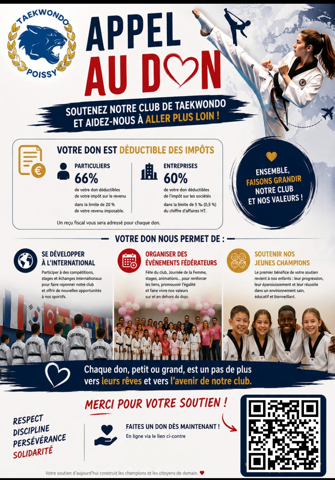 Affiche « Appel au don » de la Poissy Taekwondo Académie : dons déductibles des impôts, 66 % pour les particuliers, 60 % pour les entreprises